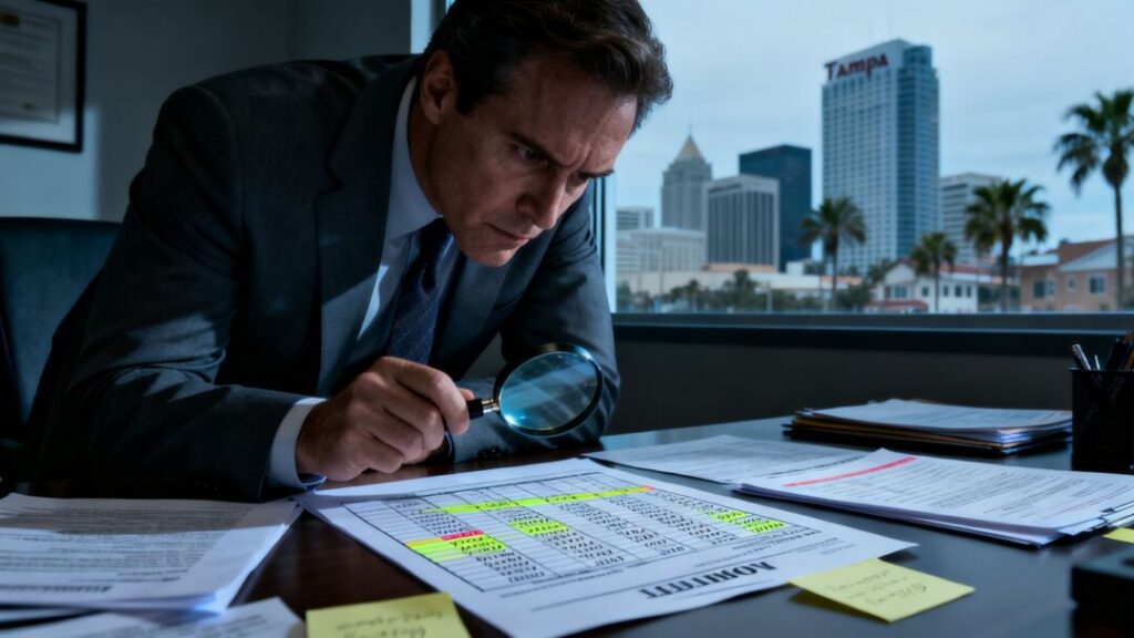 Investigator examining financial documents in Tampa.