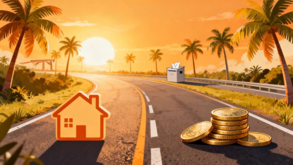 Florida highway splits, leading to house or money icons.