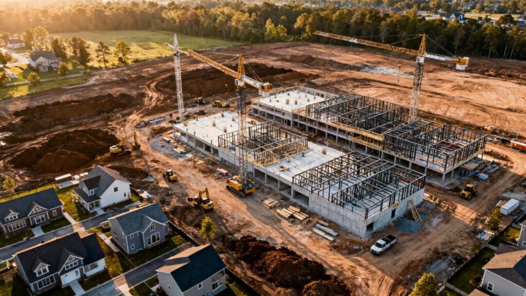 Construction site with new homes and businesses being built.