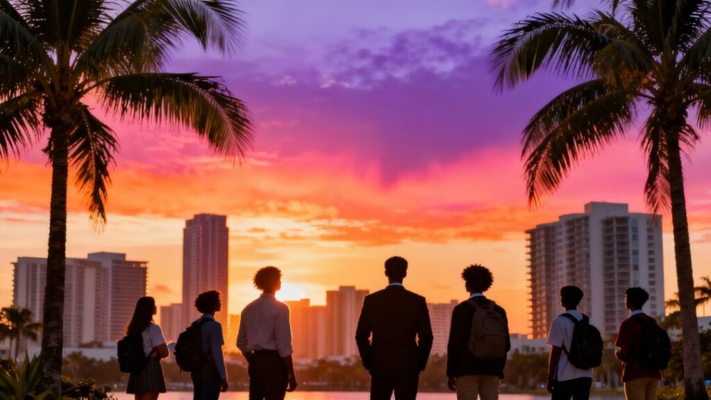 Florida cityscape with professionals and students at sunset.