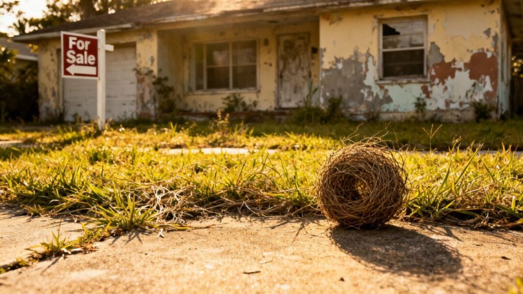 Florida house with overgrown yard and peeling paint.