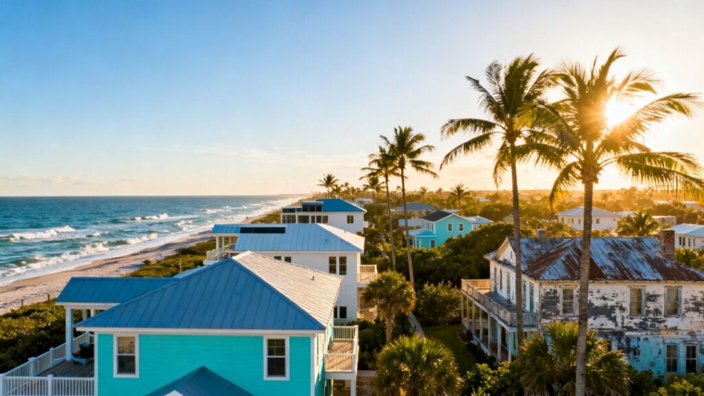 Florida homes on a sunny coast with palm trees.