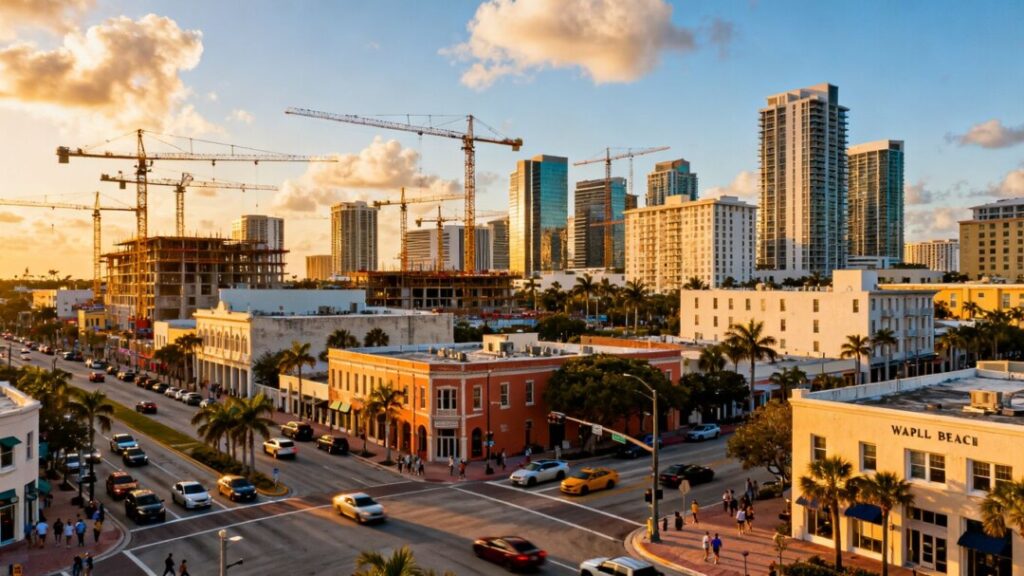 West Palm Beach skyline with construction cranes and new buildings.
