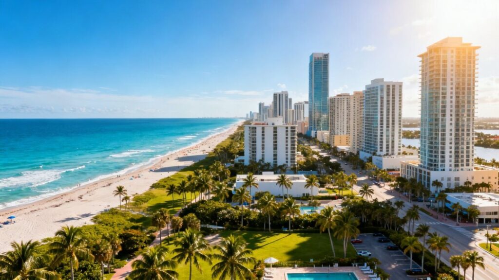 Florida cityscape with beaches and ocean, symbolizing growth.