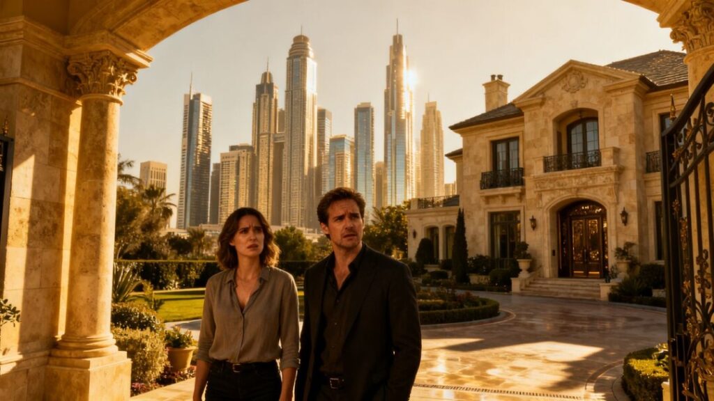 Couple in front of mansion, real estate fraud.