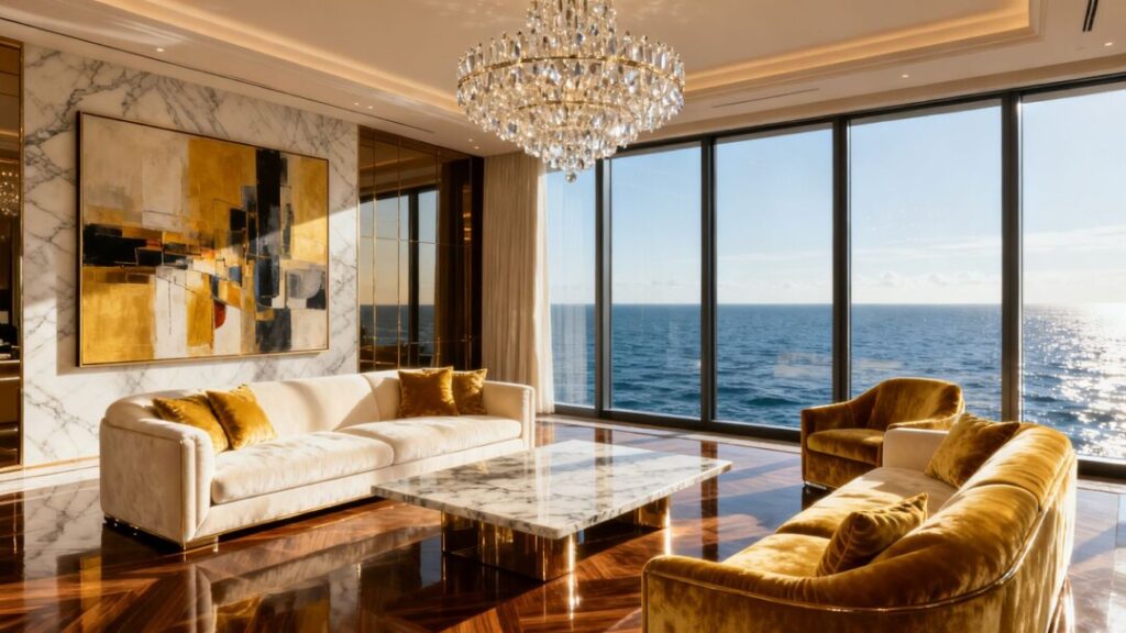 Ultra-luxe penthouse living room with ocean views.