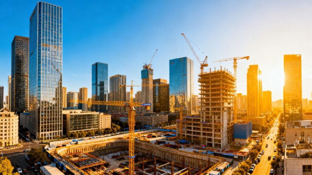 Florida cityscape with skyscrapers and construction sites.