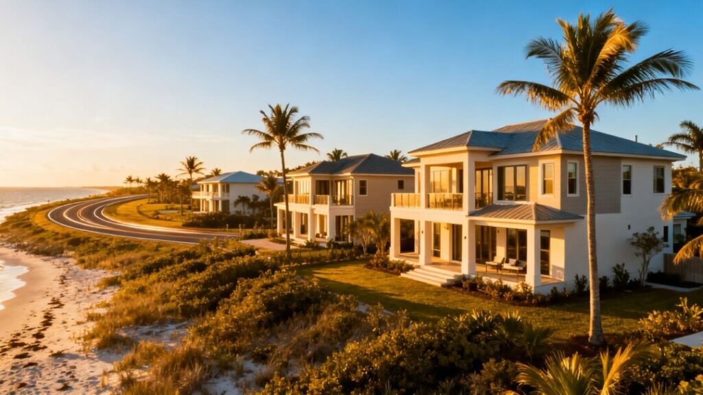 Florida coastline with modern homes and palm trees.