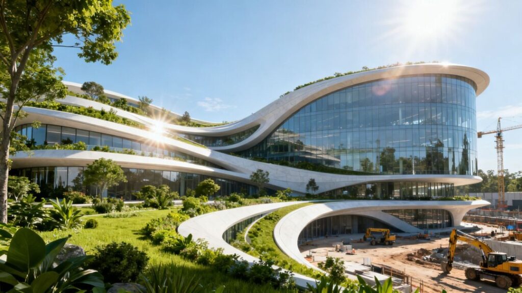 MIRAI Design District architectural rendering with Kengo Kuma's signature style.