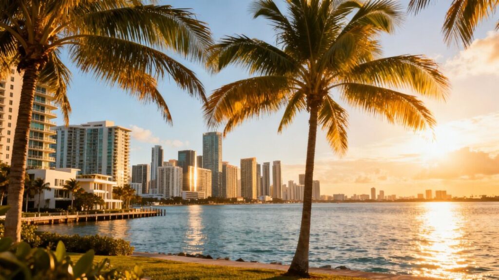Miami skyline with luxury condos and ocean view.