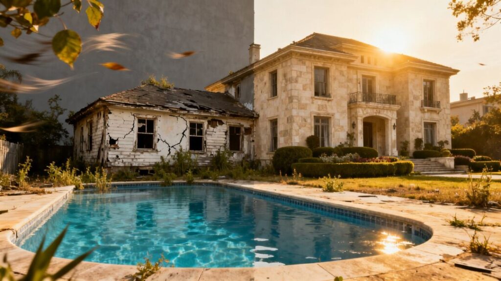 Luxury mansion next to a rundown house in Florida.
