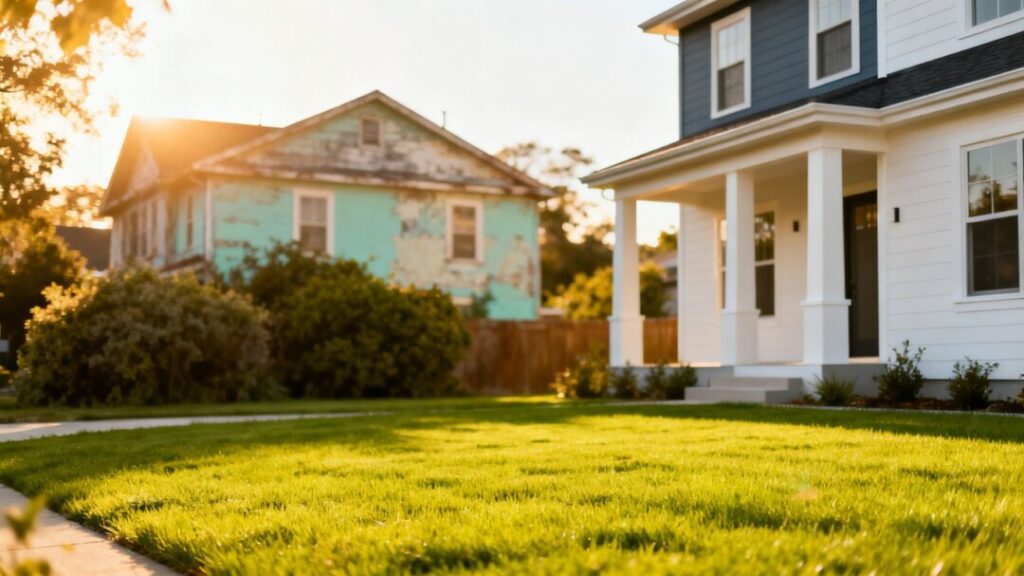 New home exterior contrasted with older home exterior.
