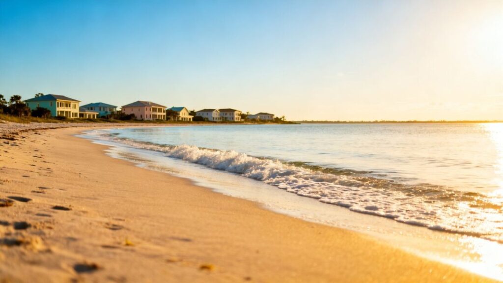 Florida coast with houses and calm ocean waves.