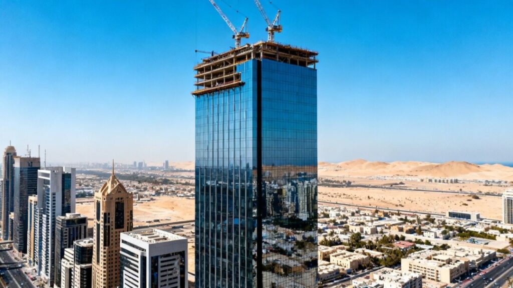Phoenix skyscraper nearing completion with cranes against blue sky.