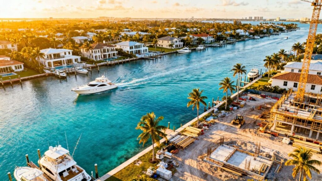 Florida coastline with homes, construction, and yachts.