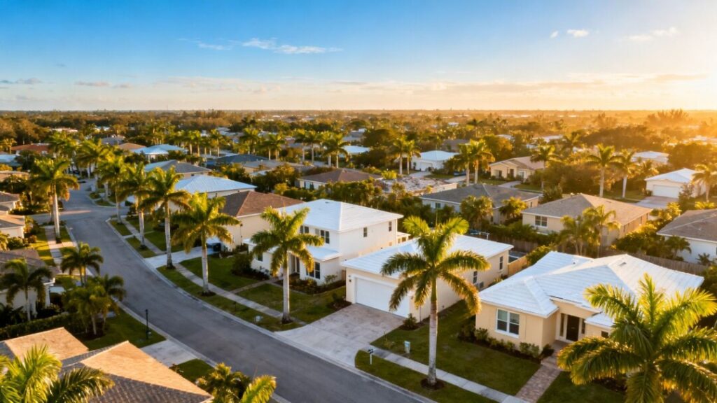 Aerial Florida neighborhood with palm trees and suburban homes