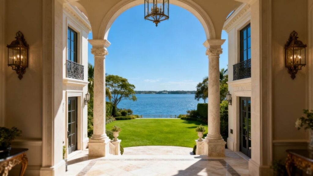 Luxury Palm Beach mansion with waterfront view.