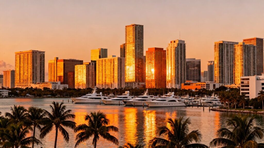 Miami skyline and bay with yachts at sunset.
