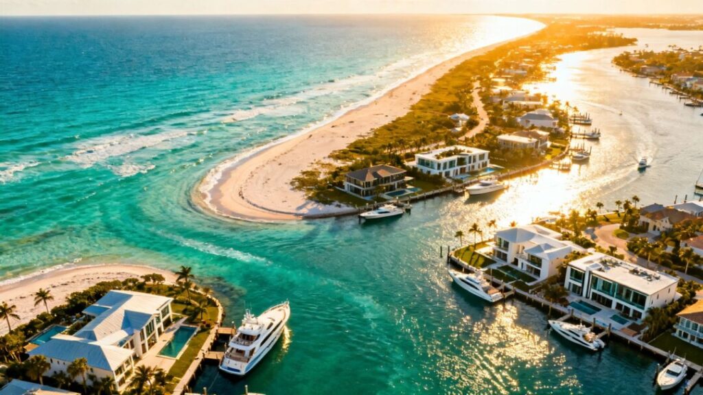 Florida coast with luxury homes and ocean.