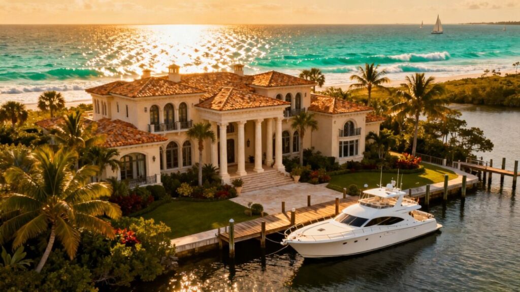 Luxury waterfront mansion with yacht in Northeast Florida.