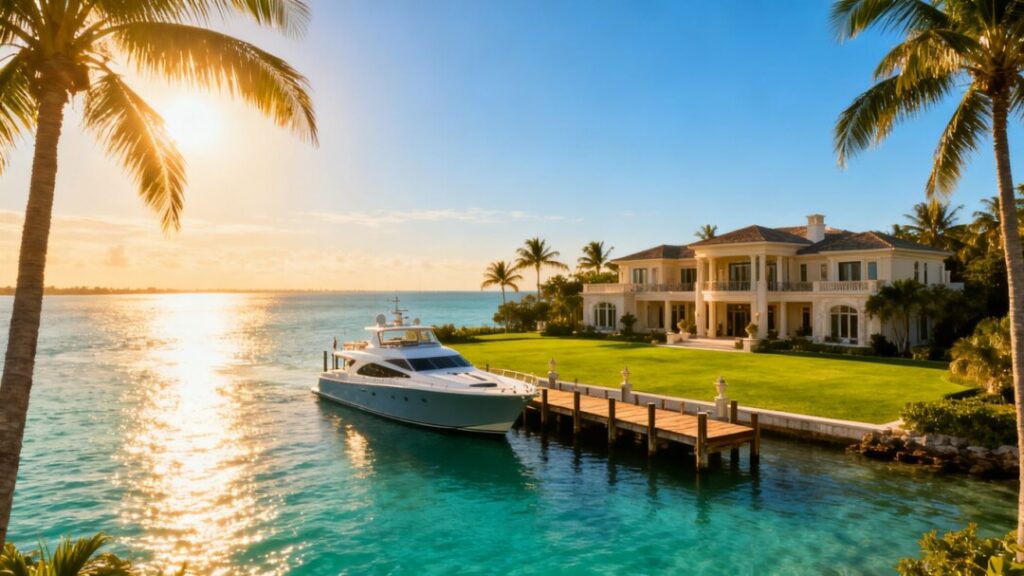 Luxury waterfront mansion with yacht and palm trees.