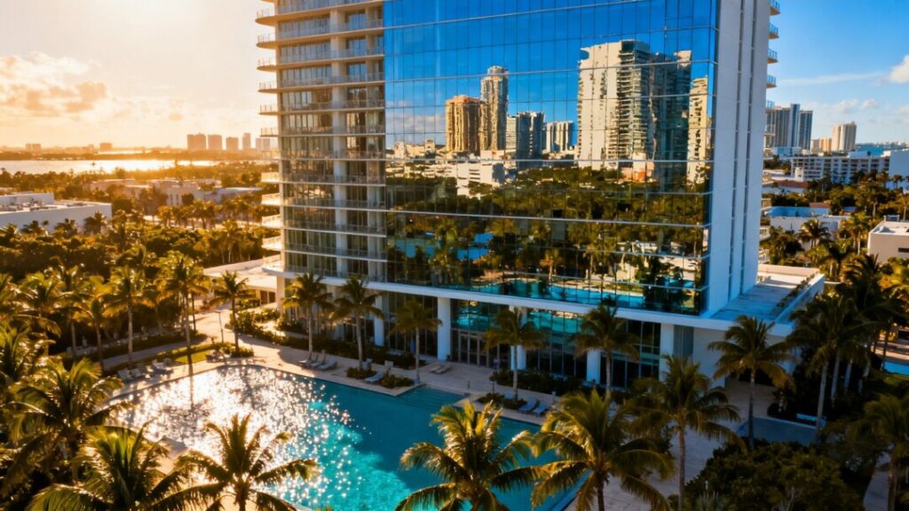 Anantara Miami Resort & Residences exterior with palm trees and pool.
