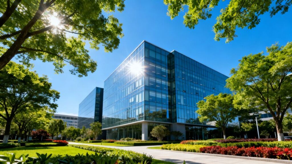 Modern office building with trees and blue sky.