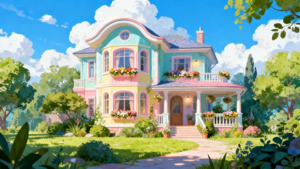 Diane Keaton's whimsical house exterior with vibrant colors.