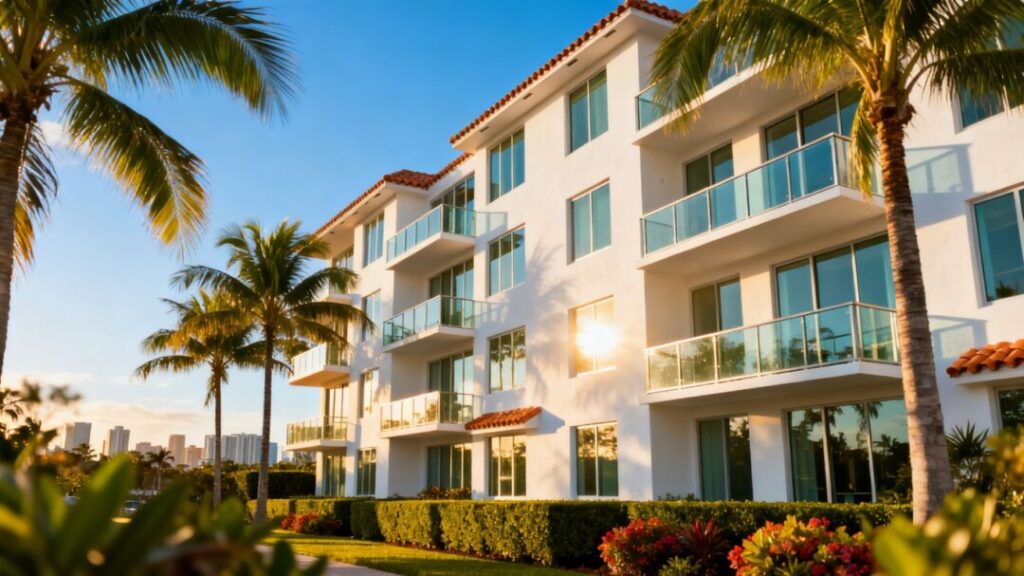 South Florida apartment building with palm trees.