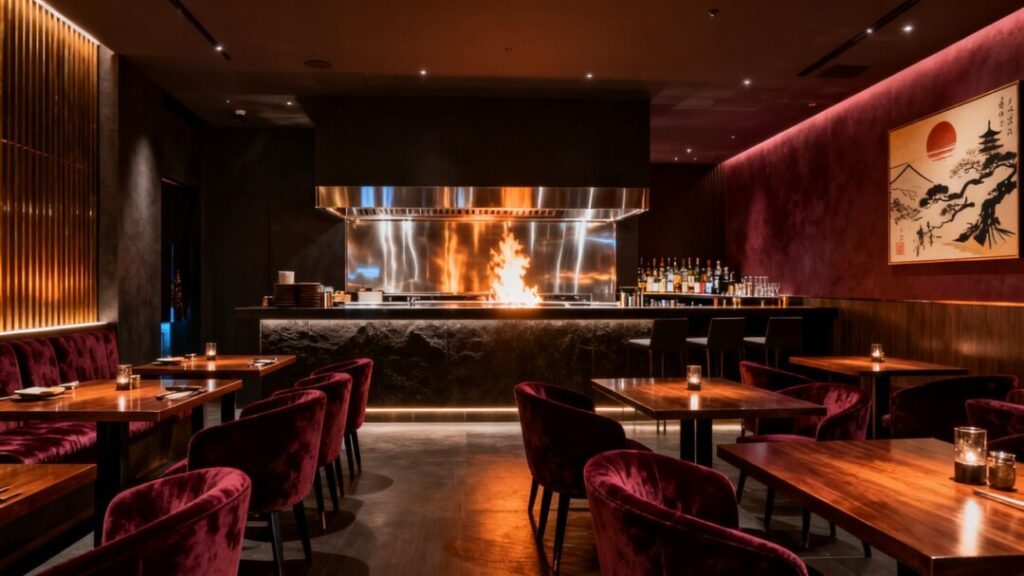 Upscale Japanese steakhouse and lounge interior with teppanyaki grill.