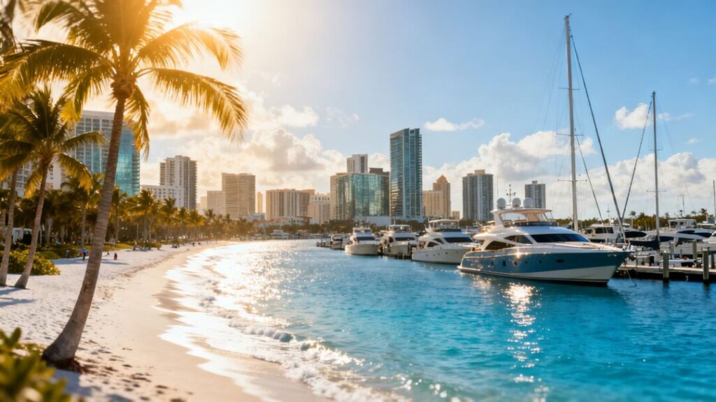 Florida coastal cities with beaches, marinas, and modern architecture.