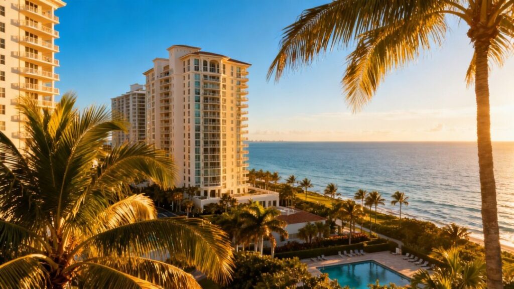 Florida coastline with luxury condos and palm trees.
