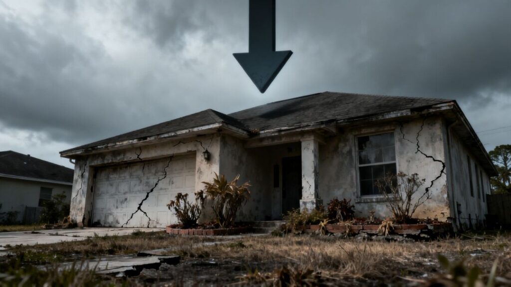 Florida house with cracked foundation and downward arrow.