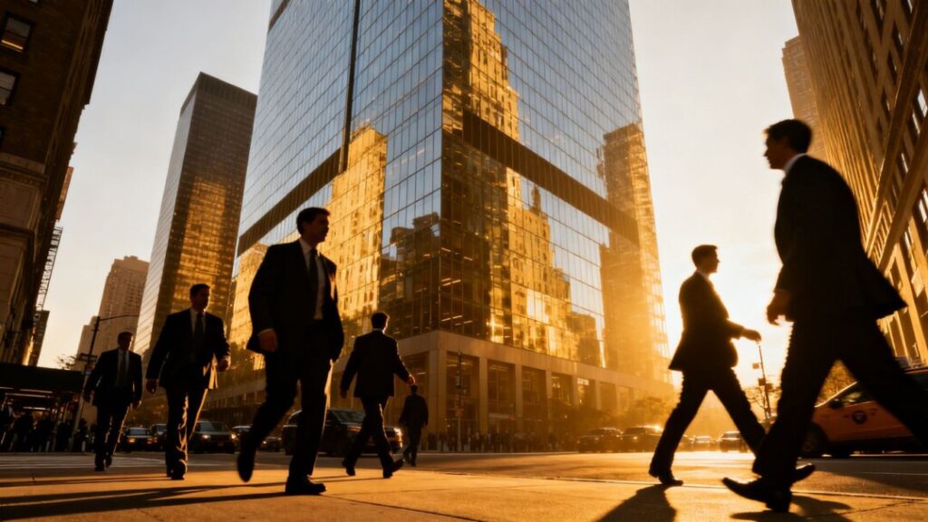 New York City skyscraper and busy street scene.