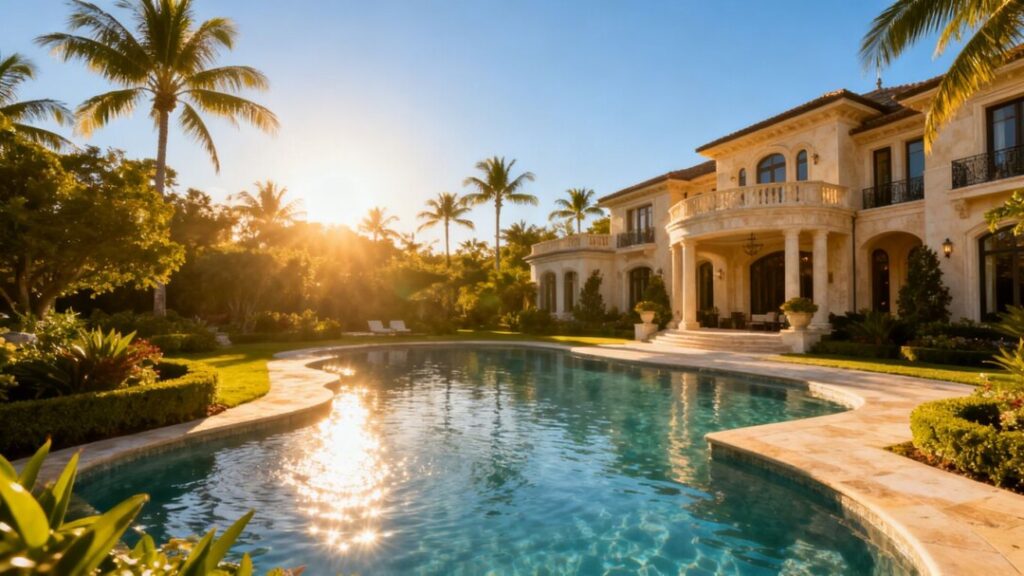 Luxury Florida mansion with pool and palm trees.