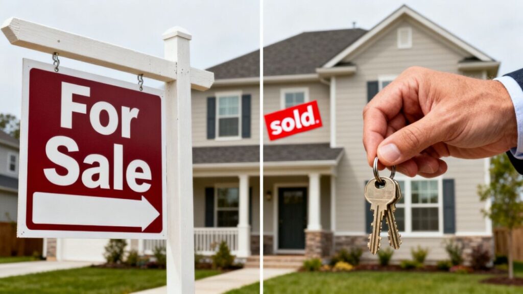 Housing market shift: For sale sign to sold house with keys.