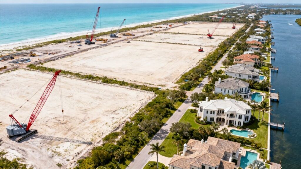 Florida coastline with land plots and mansions.