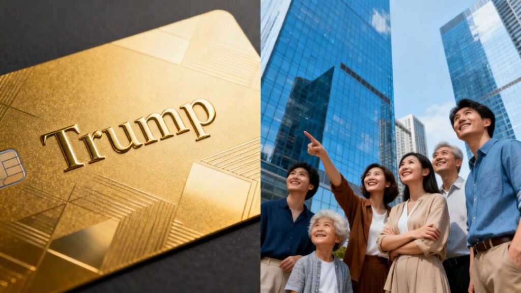 Golden card and diverse people near city skyline.