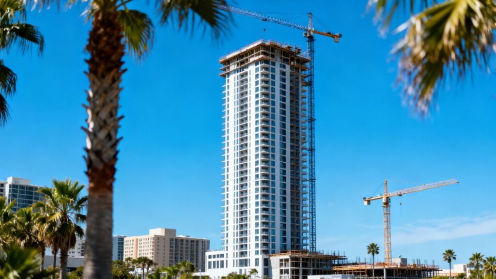 Miami residential tower construction with cranes and palm trees.