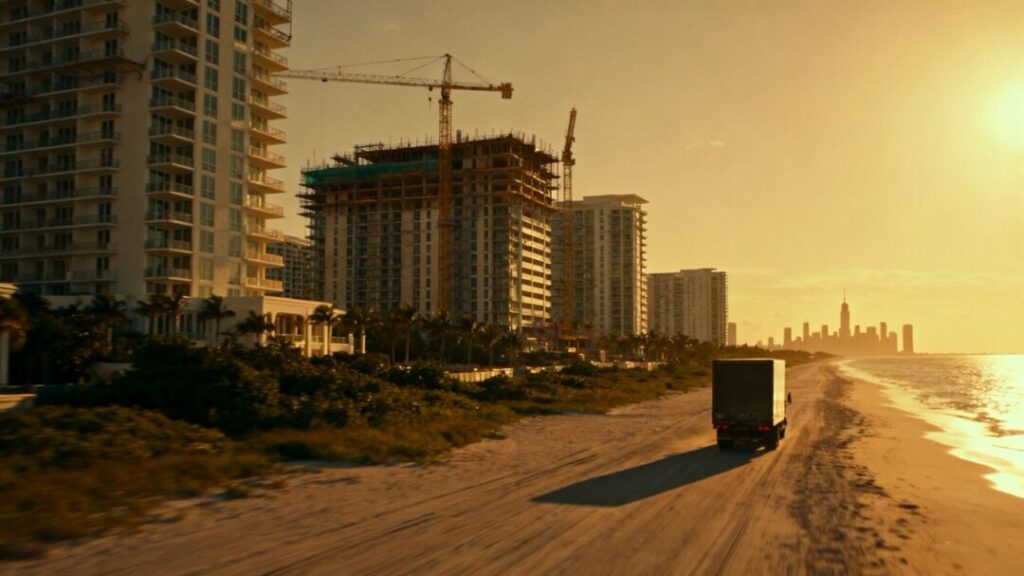 Florida condos and New York skyline with moving truck.