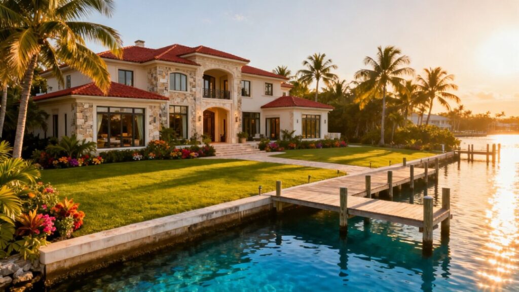 Luxury waterfront mansion with palm trees and a private dock.