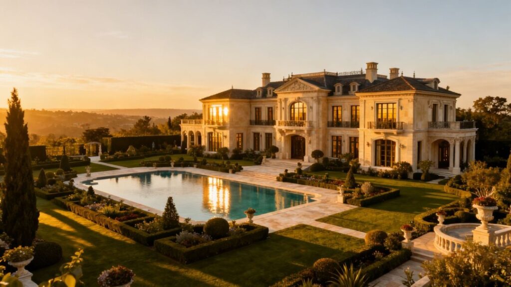 Opulent Beverly Hills mansion with pool and gardens.