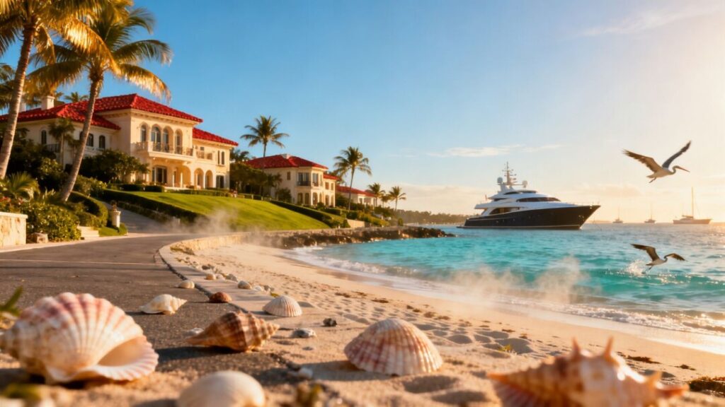Luxury Florida mansions and coastline with palm trees.