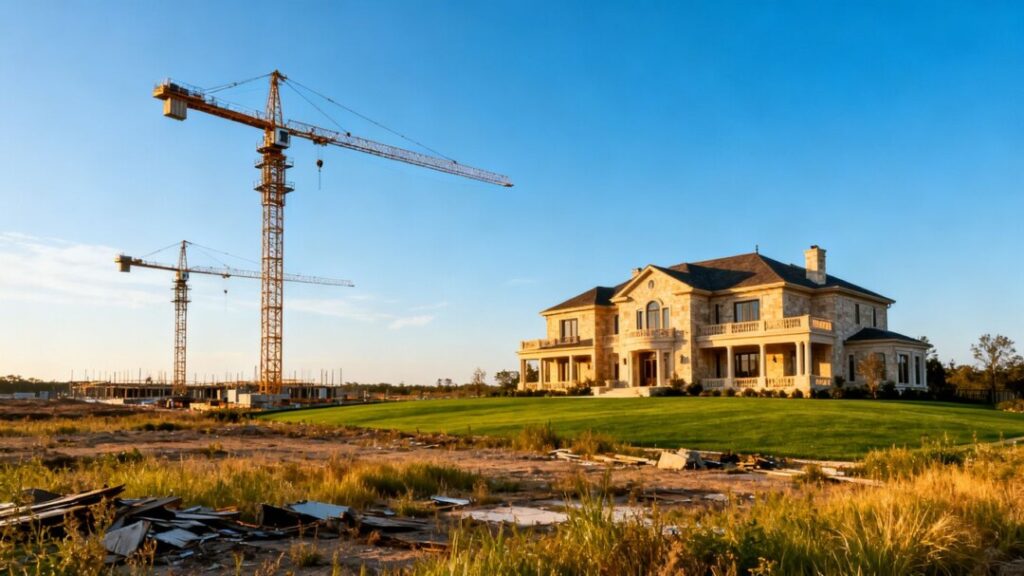 Luxury mansion and idle construction cranes in Palm Beach County.