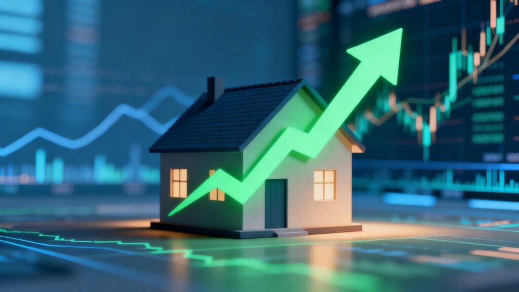 House with rising arrow, mortgage market activity