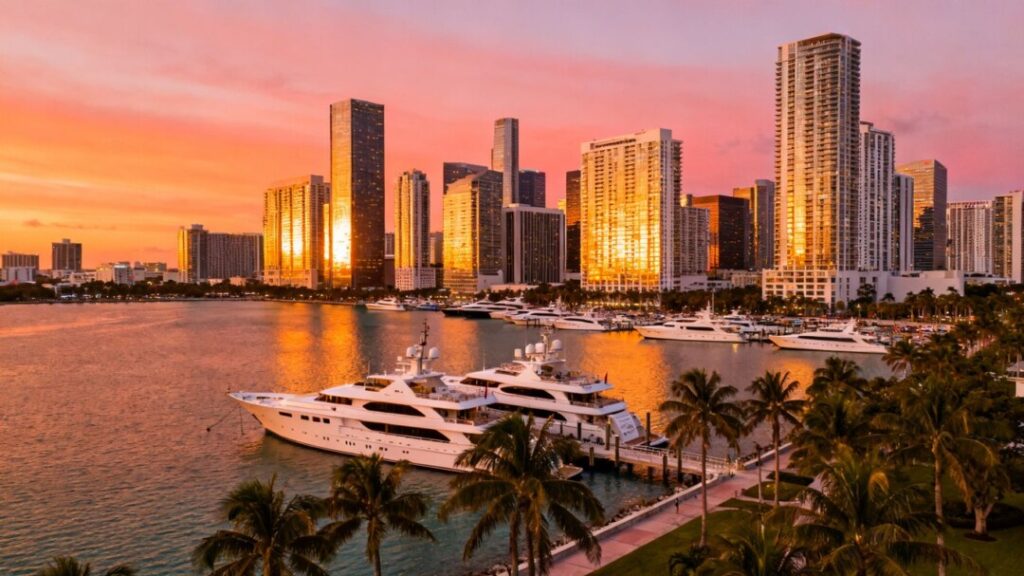 Miami skyline with luxury yachts and skyscrapers at sunset.