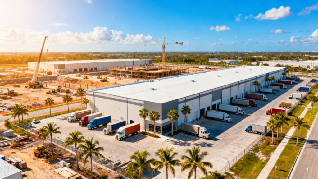 Modern Florida warehouses with trucks and palm trees