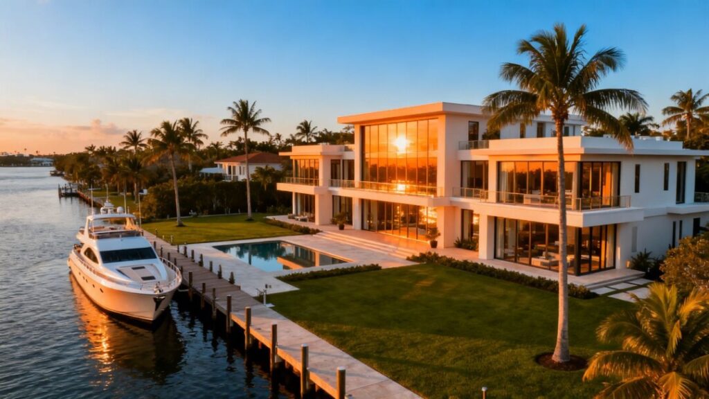 Miami waterfront mansion with yacht and palm trees.