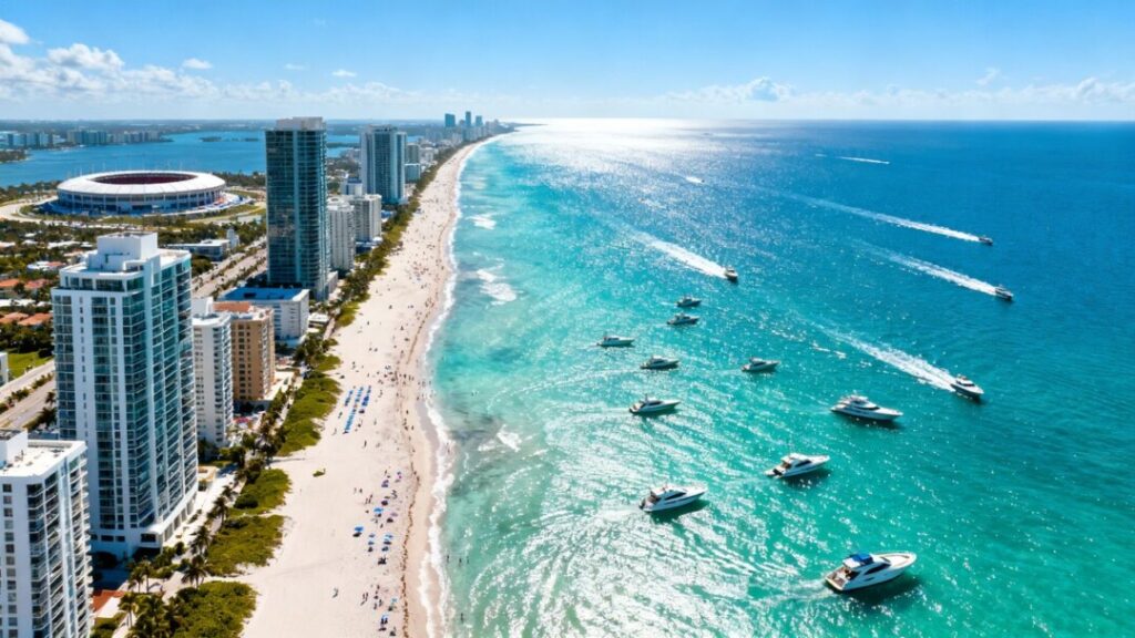 South Florida coast with buildings, beaches, and ocean.