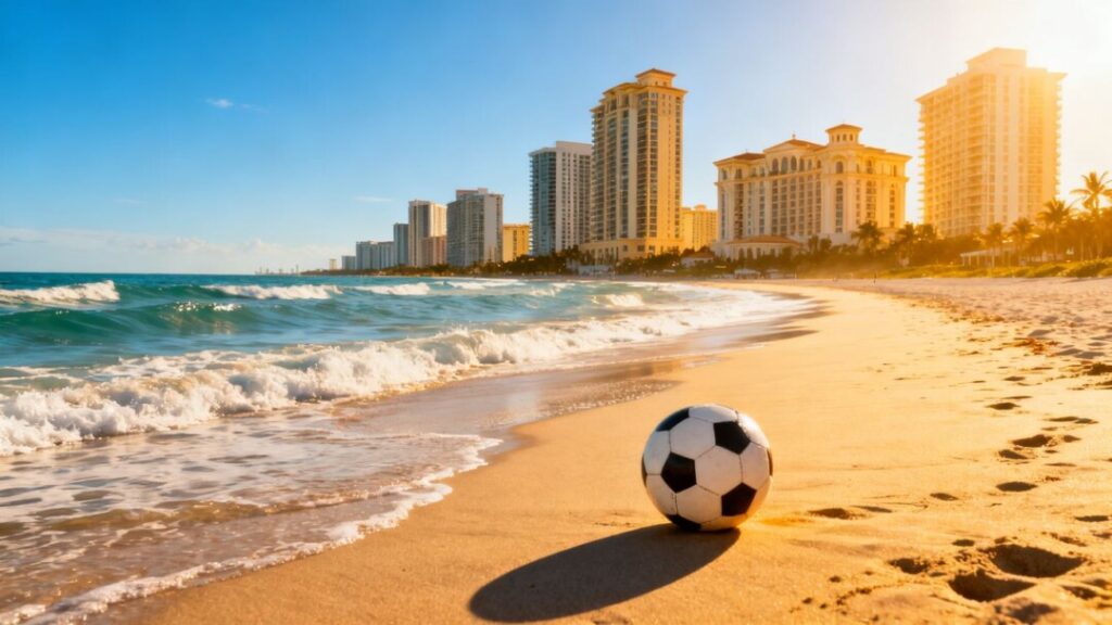 South Florida coast with soccer ball on beach.